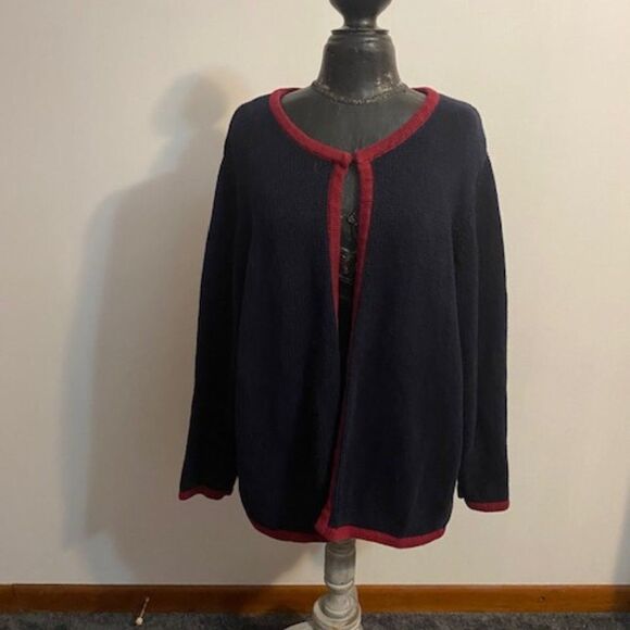 C. J. Banks Knit Navy with Burgundy trim open cardigan, size 2X - Picture 1 of 3